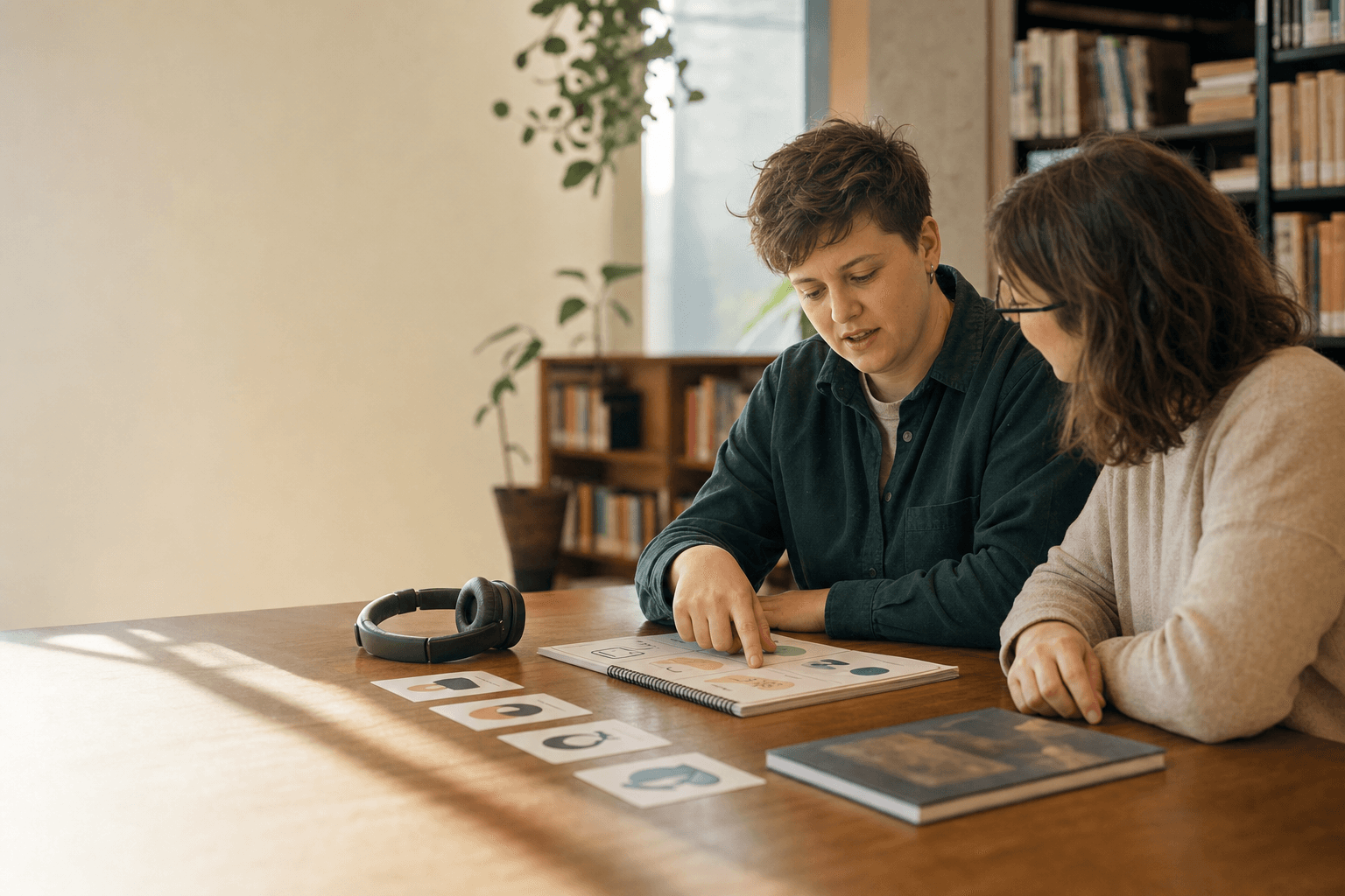 An autistic adult leads a conversation using accessible choice cards
