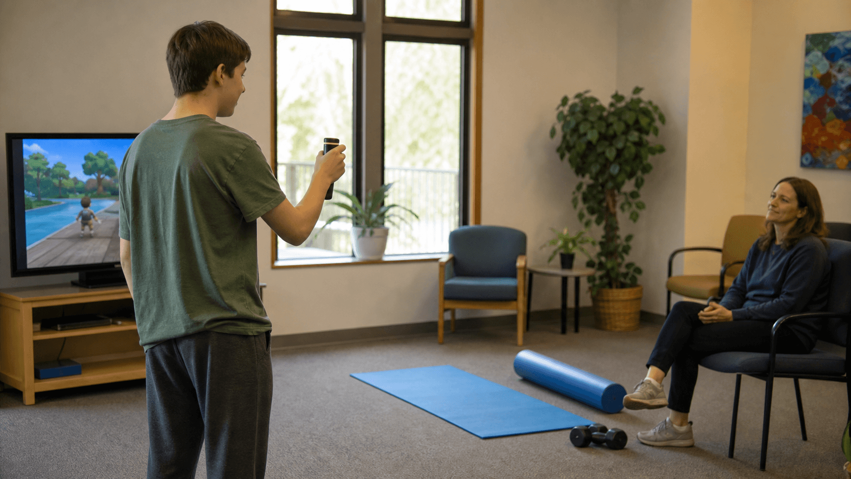 A young person chooses a motion-based game in a calm activity room