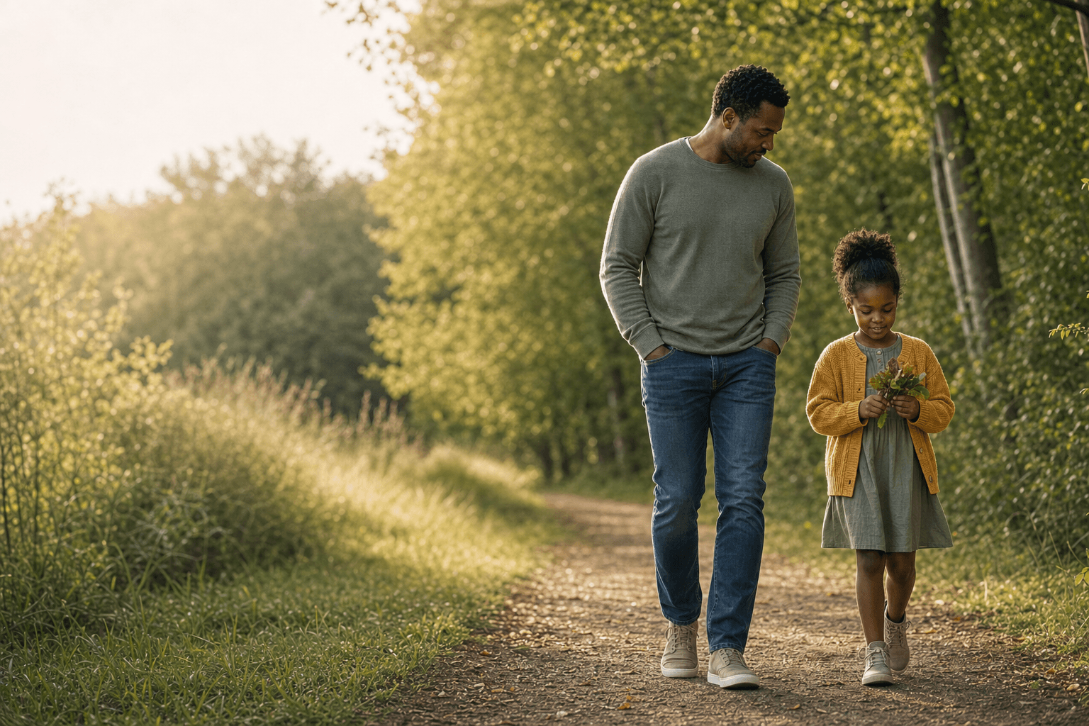 A parent and child walking together on a quiet path