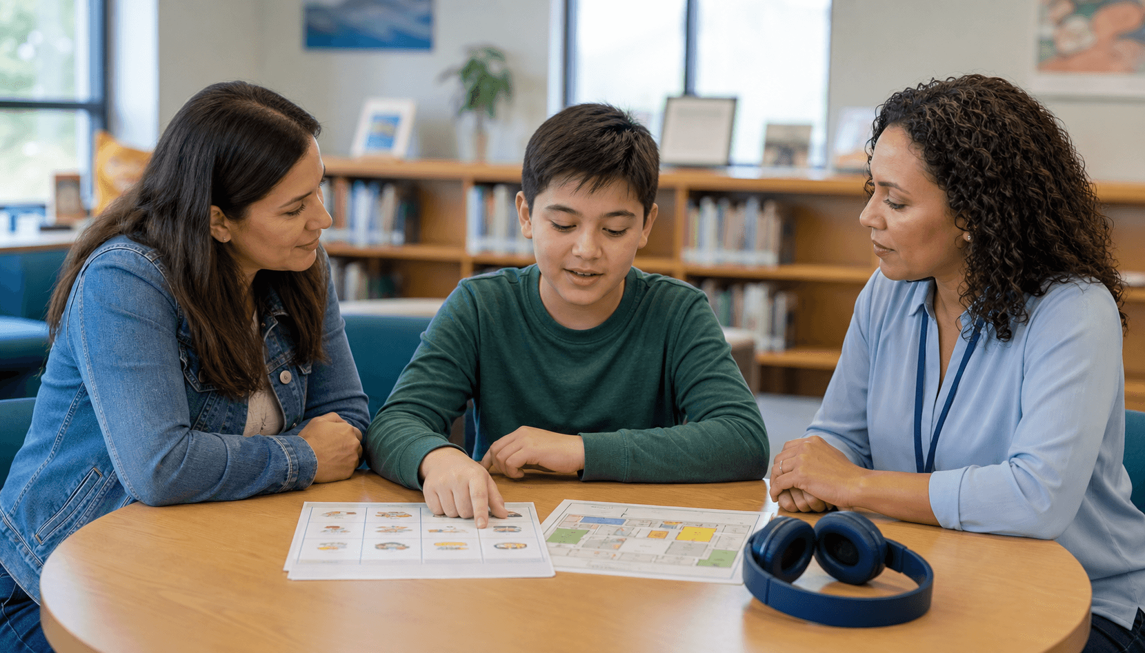 A young person chooses between a visual schedule and classroom map with a parent and school staff member listening