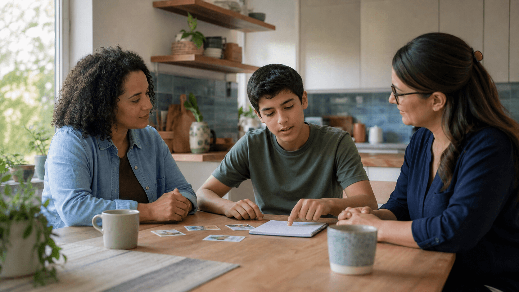 A teenager chooses personal goals at a kitchen table while a parent and therapist listen