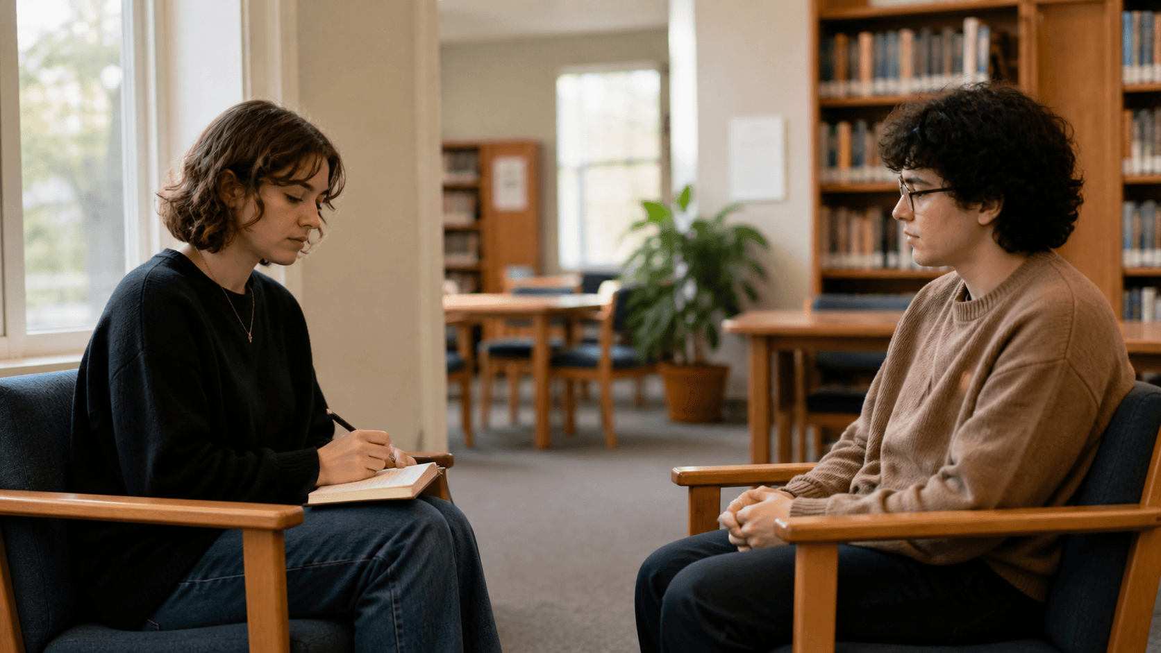 Two young adults share a quiet, spacious conversation in a community library