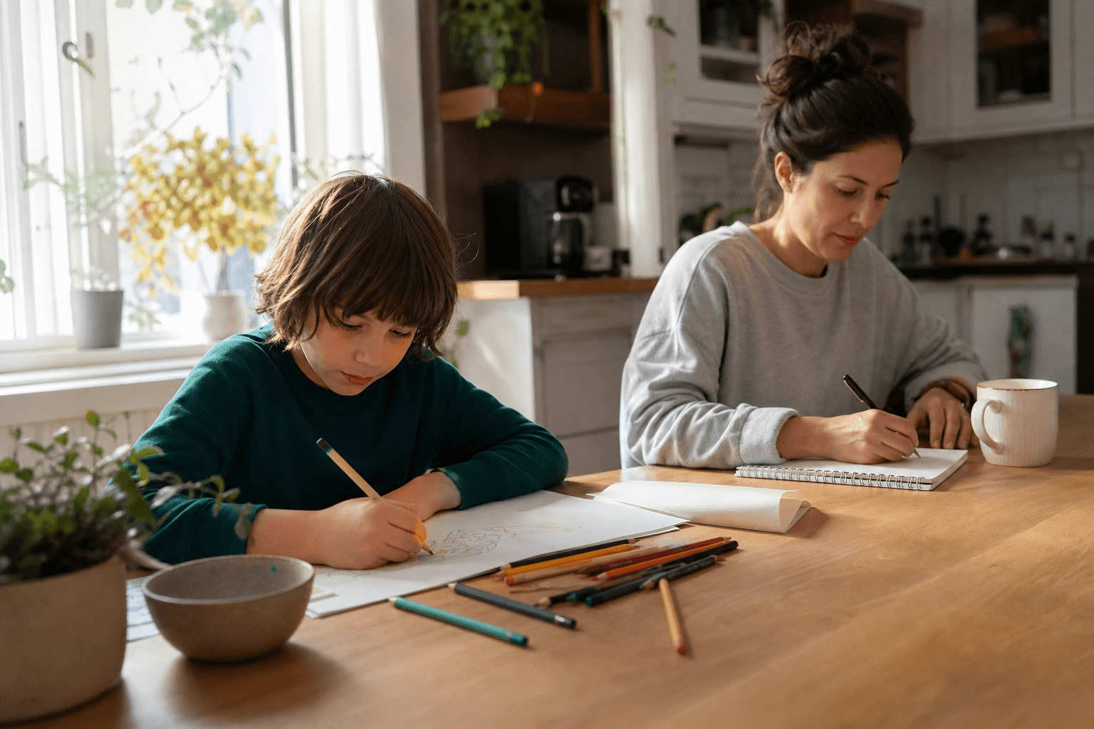 A child drawing while a parent writes down observations nearby
