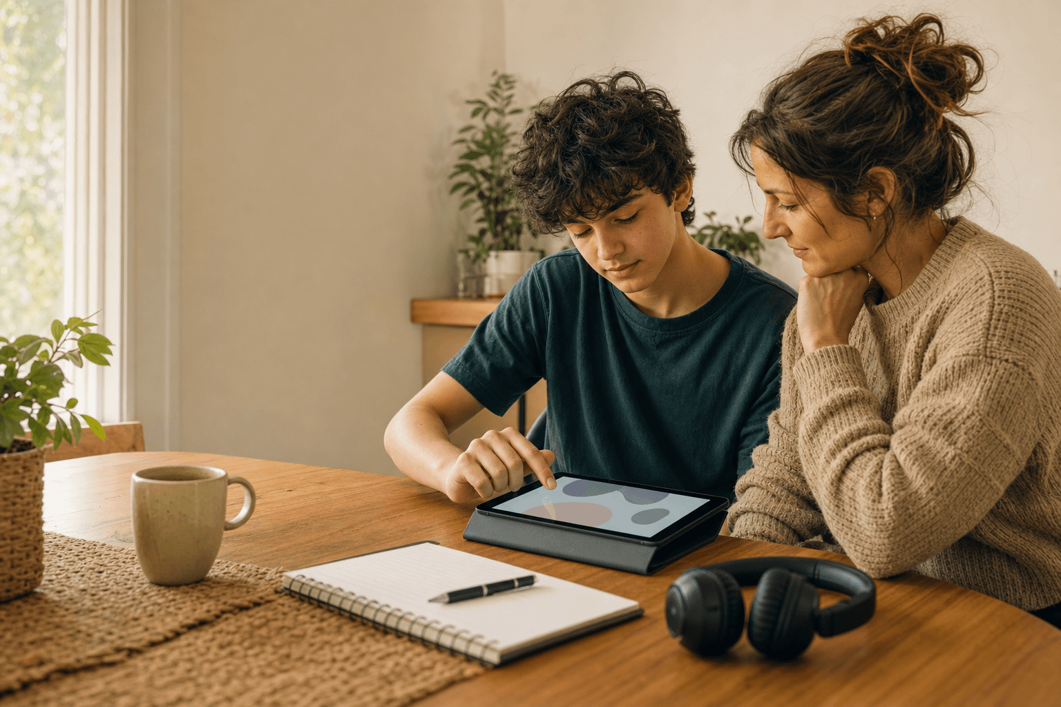 An autistic teenager explores a tablet while a parent observes