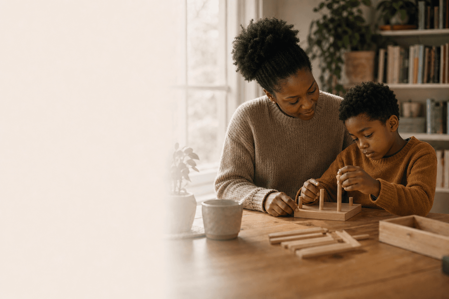 A parent follows a child’s lead during a quiet wooden activity