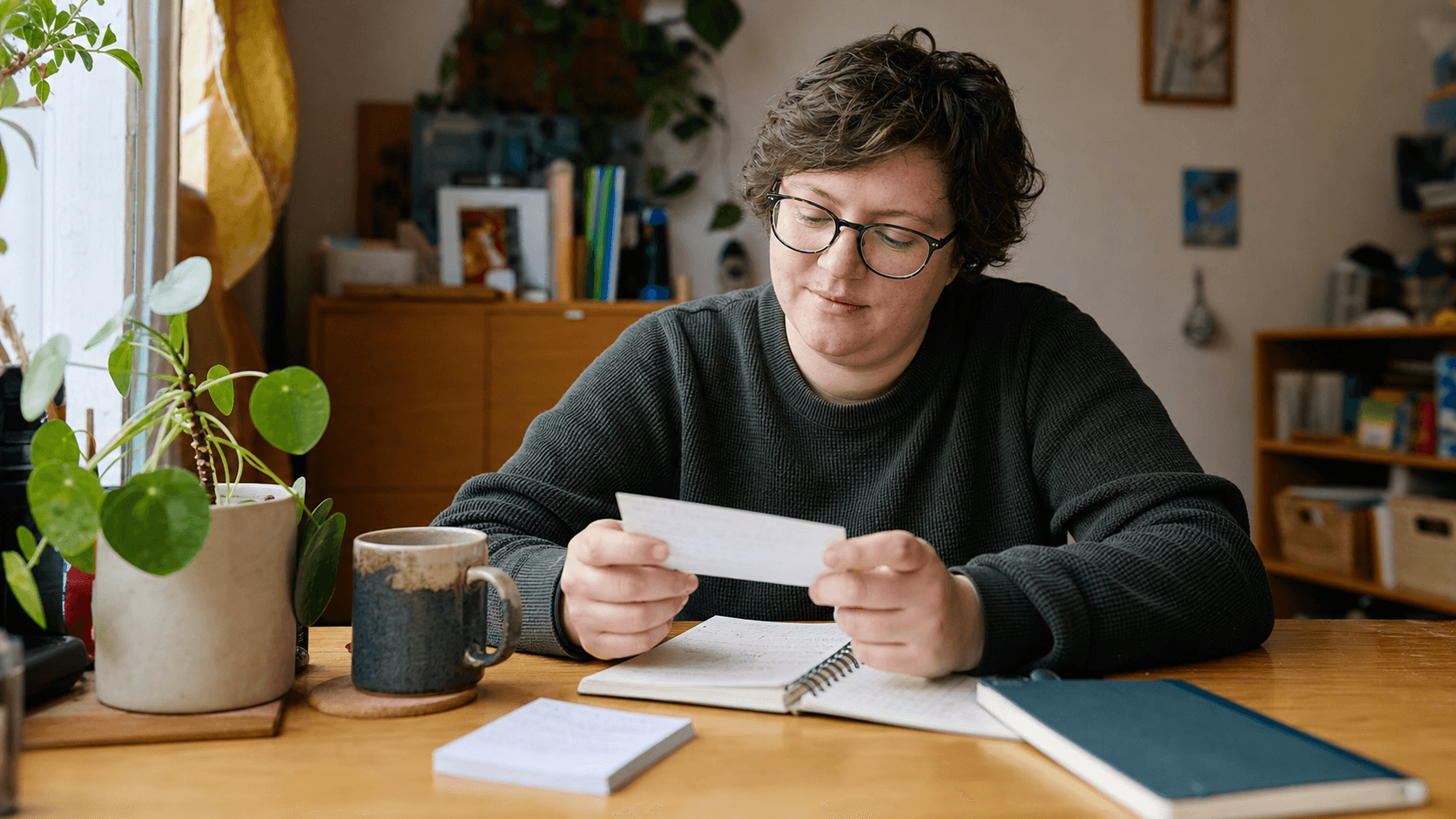 An autistic adult quietly looks at a study card at home