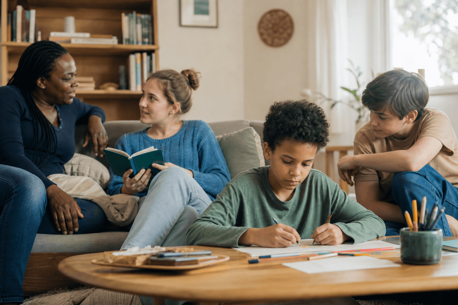 Three siblings share a calm afternoon at home while a parent listens nearby