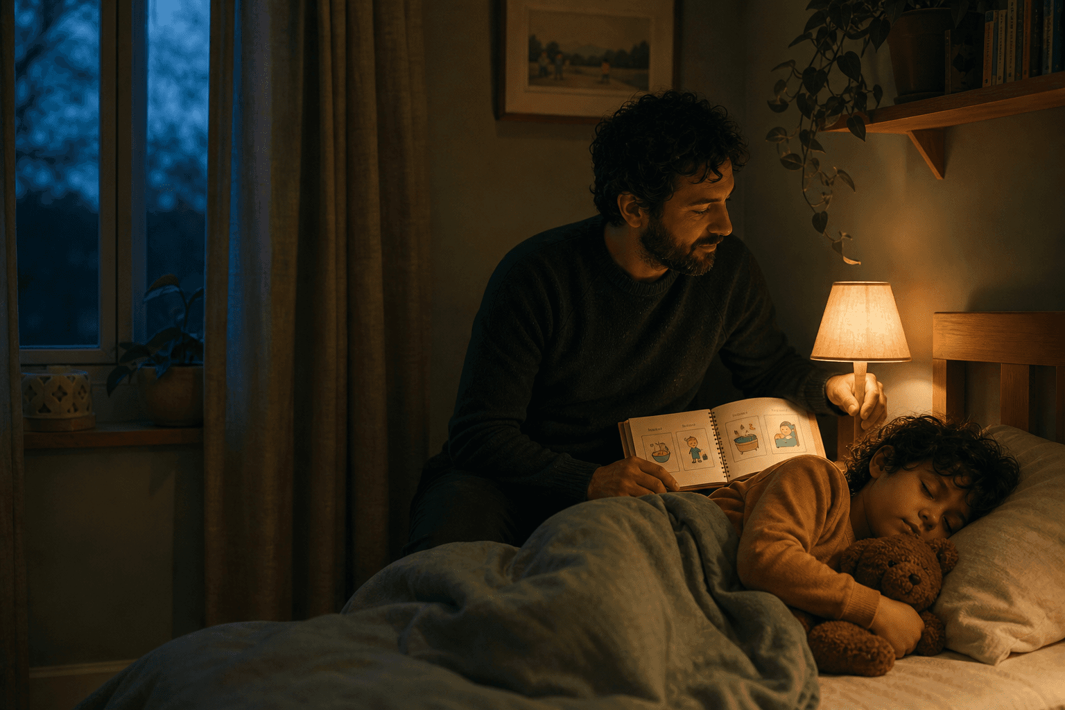 A parent supports a calm bedtime routine beside a resting child