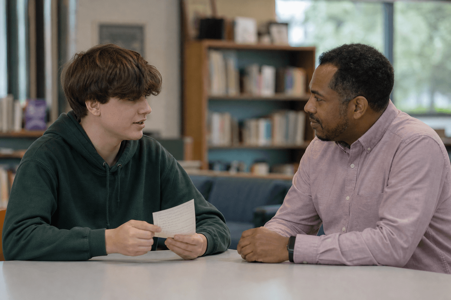 An autistic teenager shares a written note with a trusted adult in a calm school library