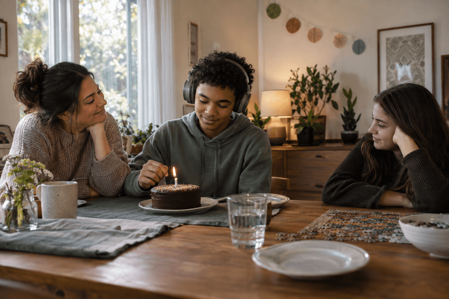 A teenager wearing headphones lights a small birthday cake at a calm table with a parent and friend