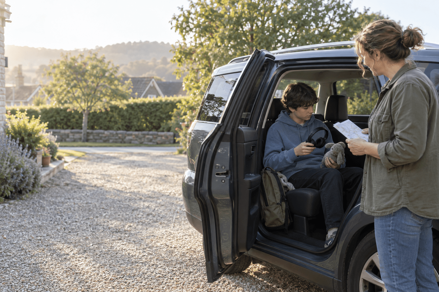 A teenager chooses headphones and a familiar item in the back seat of a car while a parent shares a route plan