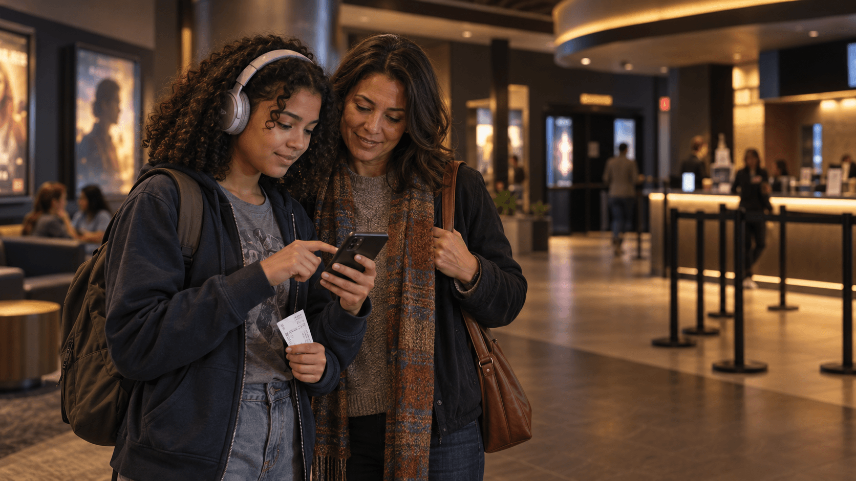 A teenager wearing headphones and their parent look at a cinema seating plan on a phone in a calm foyer