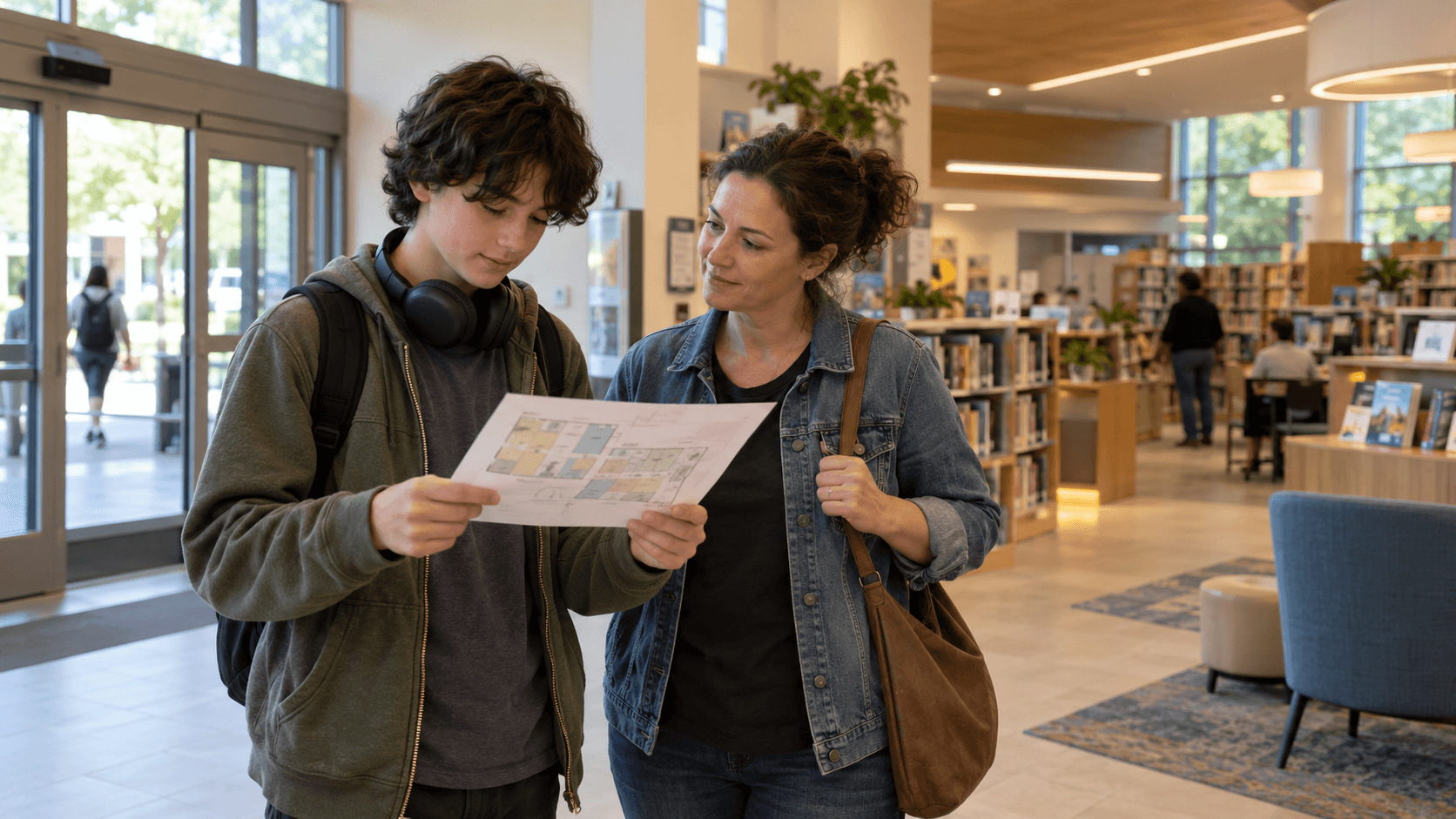 A teenager looks at a simple floor plan with their parent in a bright, quiet public library