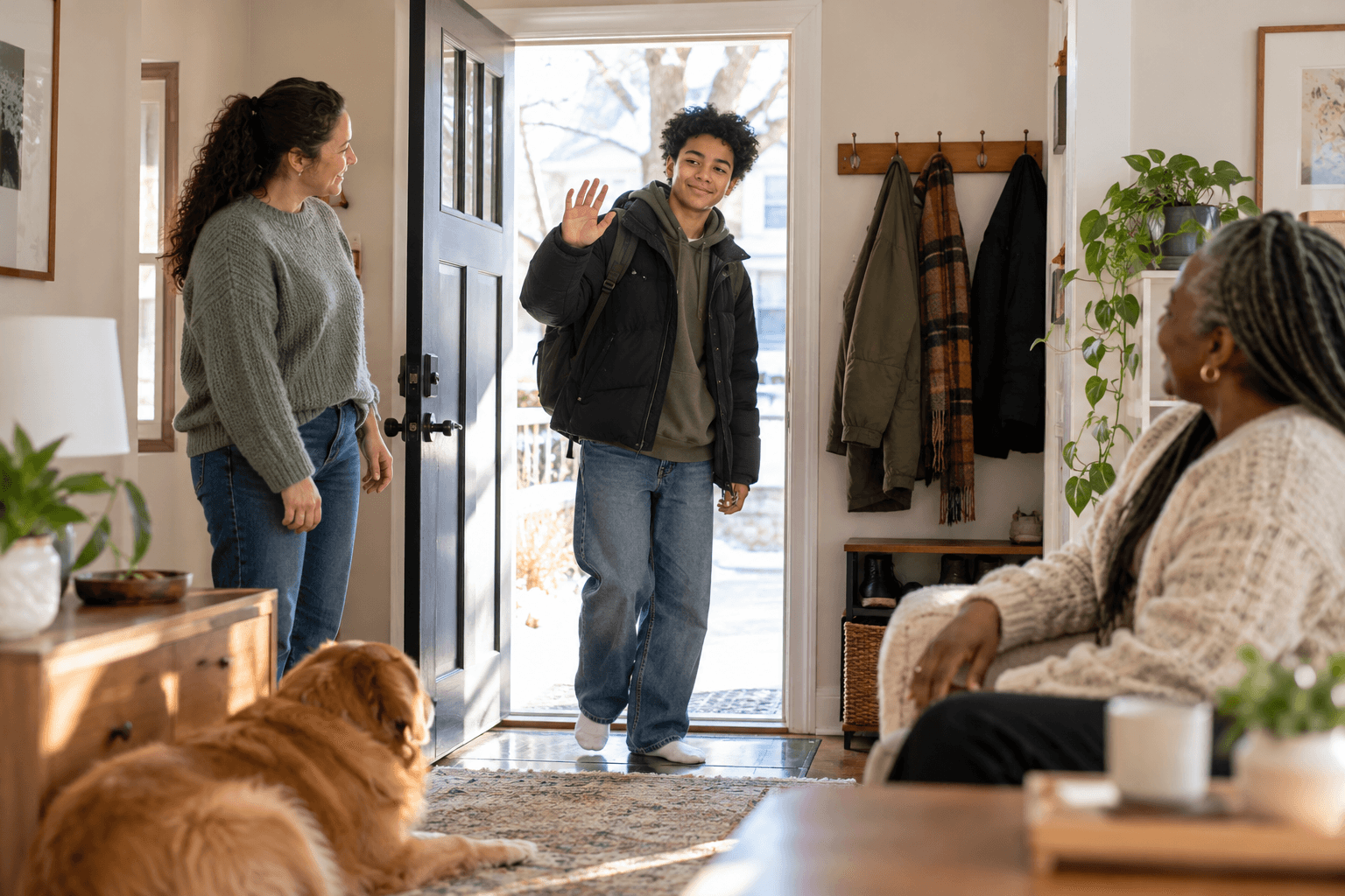 A teenager waves from a family home's open doorway while relatives smile and give them space