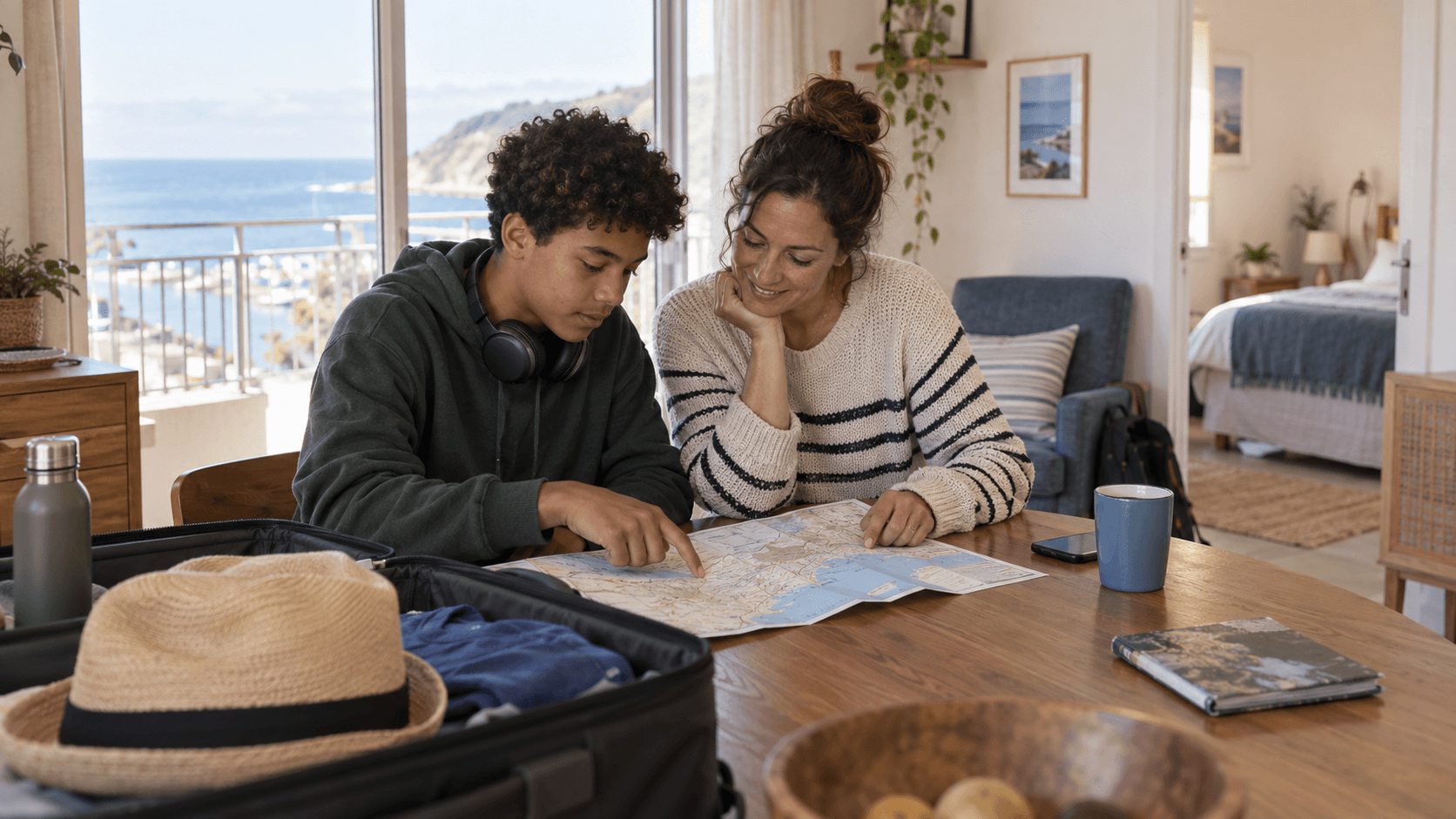A teenager and parent look at a map together beside an open suitcase in a bright holiday apartment