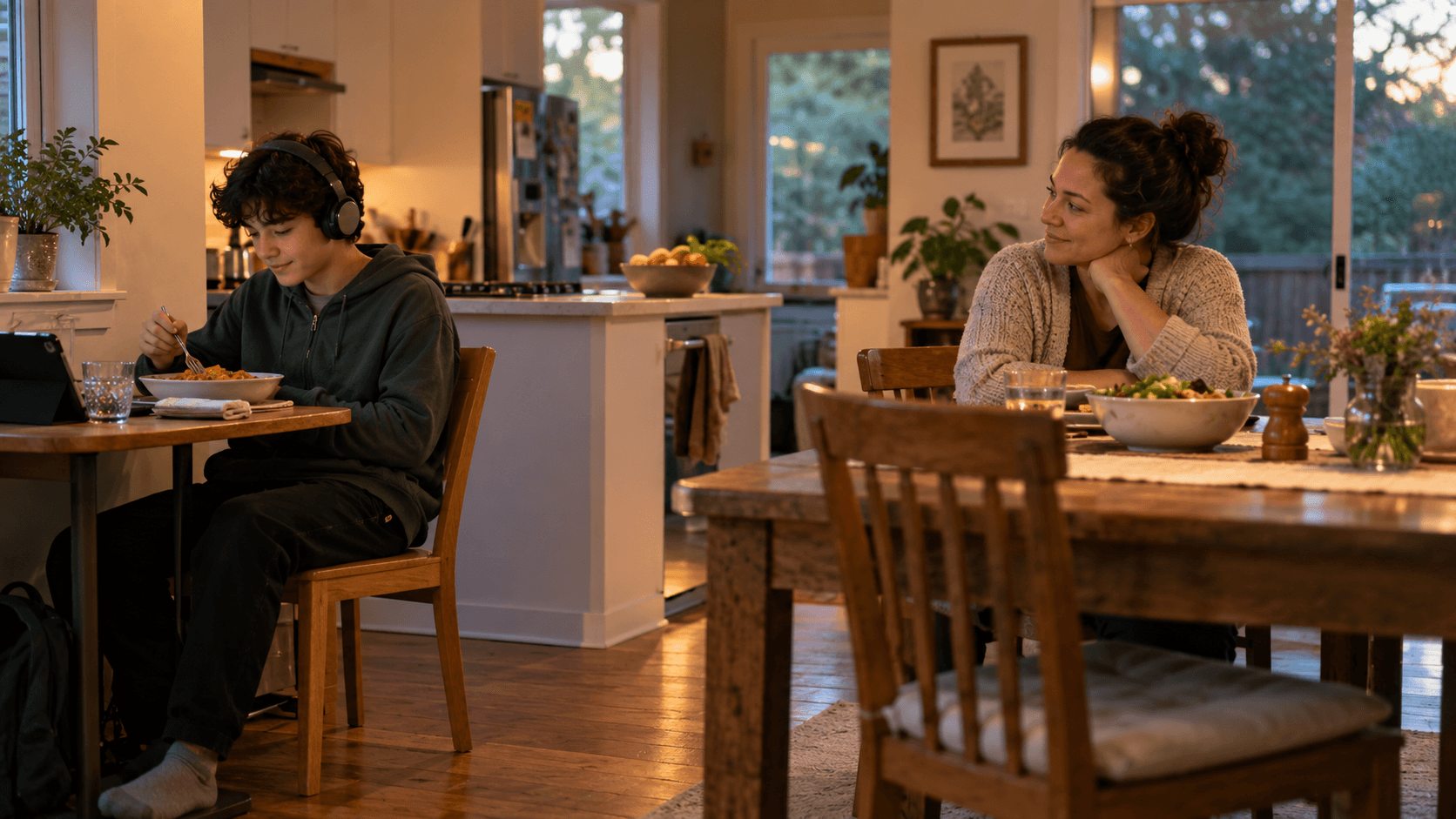 A teenager eats at a small side table while a parent sits nearby at the family table, both comfortable in a warm home kitchen