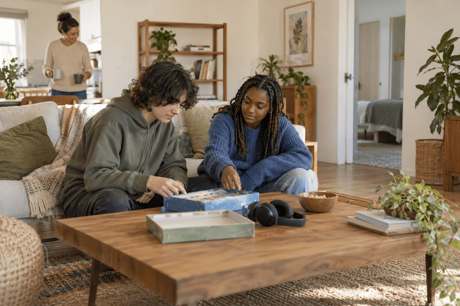 Two teenagers choose a board game together in a calm living room while a parent prepares drinks nearby
