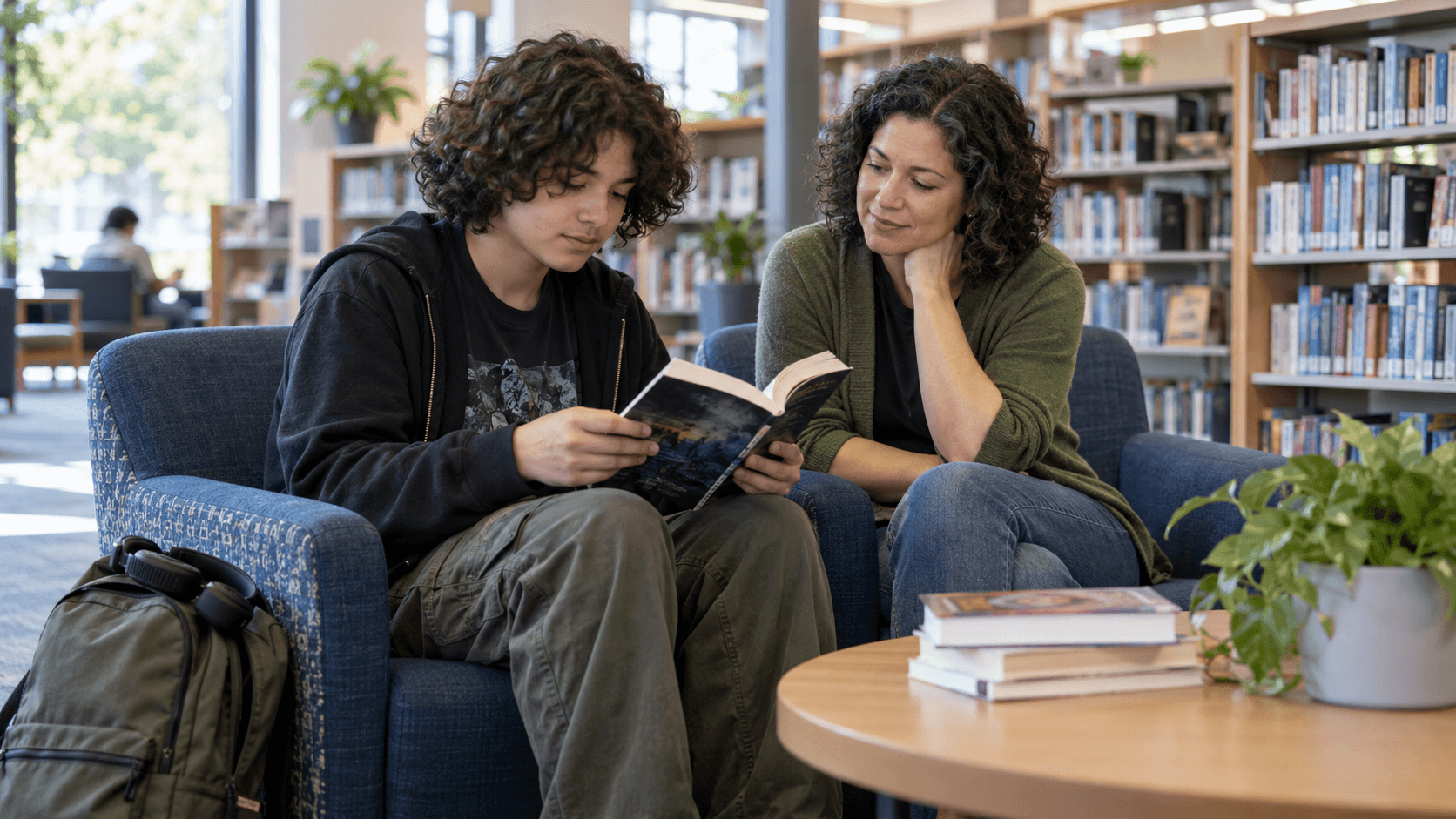 A teenager reads a book in a library while their parent listens nearby, with a backpack and headphones beside the chair