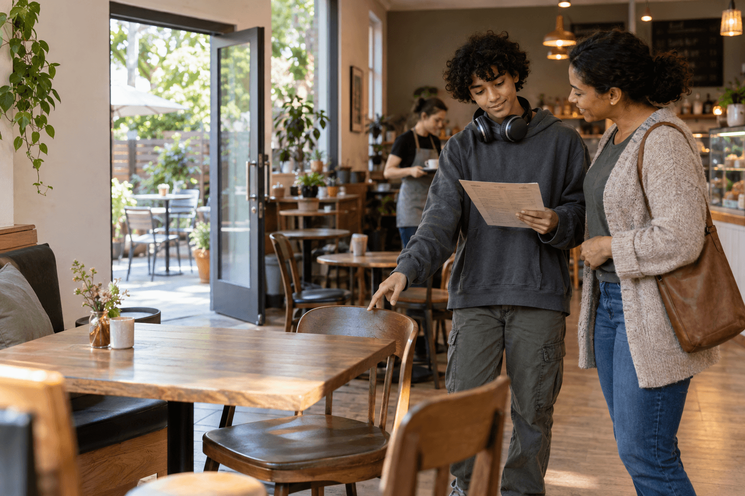 A teenager chooses a quiet table in a café with a parent, holding a menu and wearing headphones around their neck