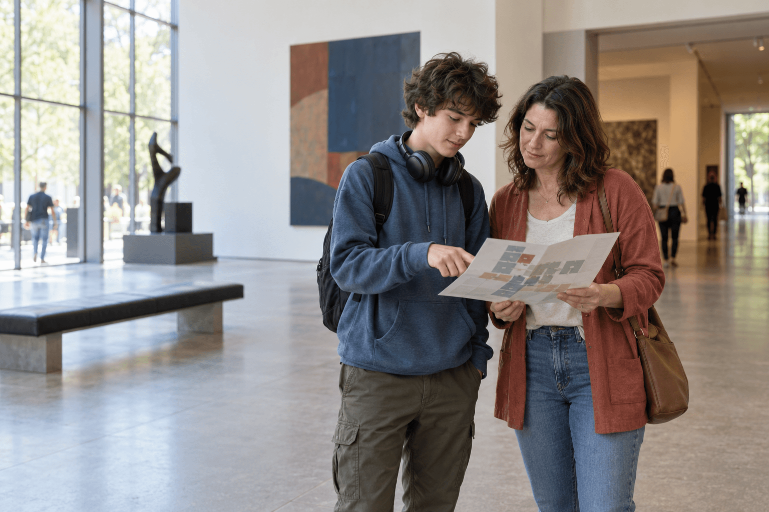 A teenager and parent look at a museum map together in a quiet gallery entrance, with headphones and a backpack nearby