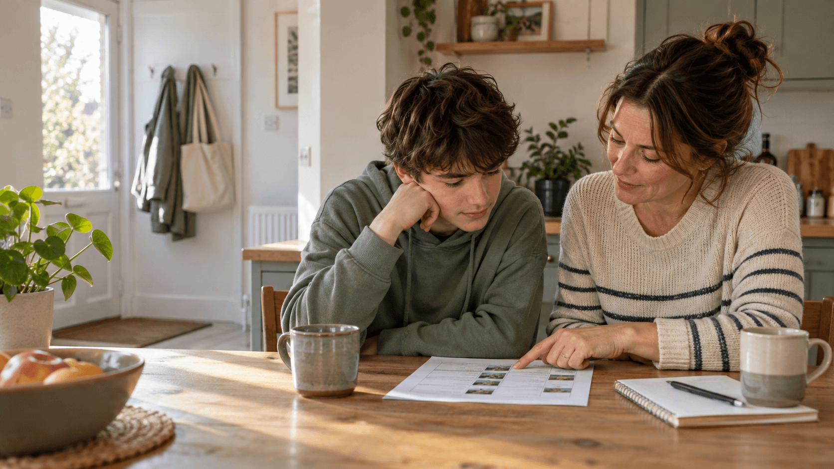 A teenager and parent look at a printed schedule together at a kitchen table before leaving for a new activity