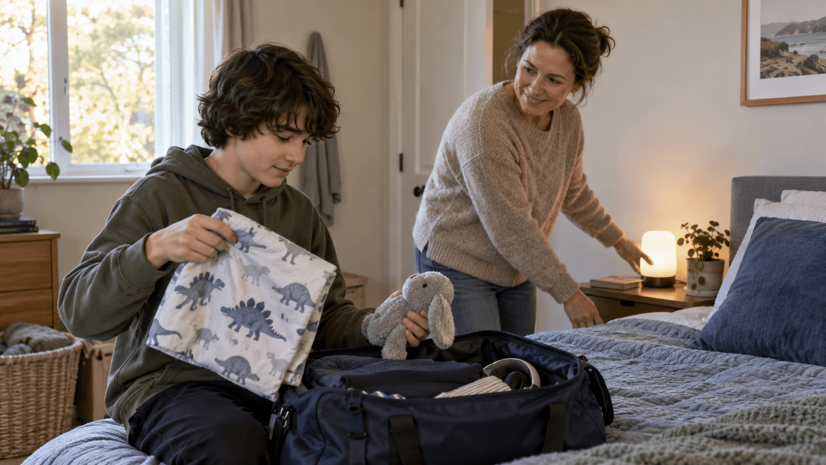 A teenager chooses a familiar pillowcase and soft item from an overnight bag while a parent prepares a small bedroom light