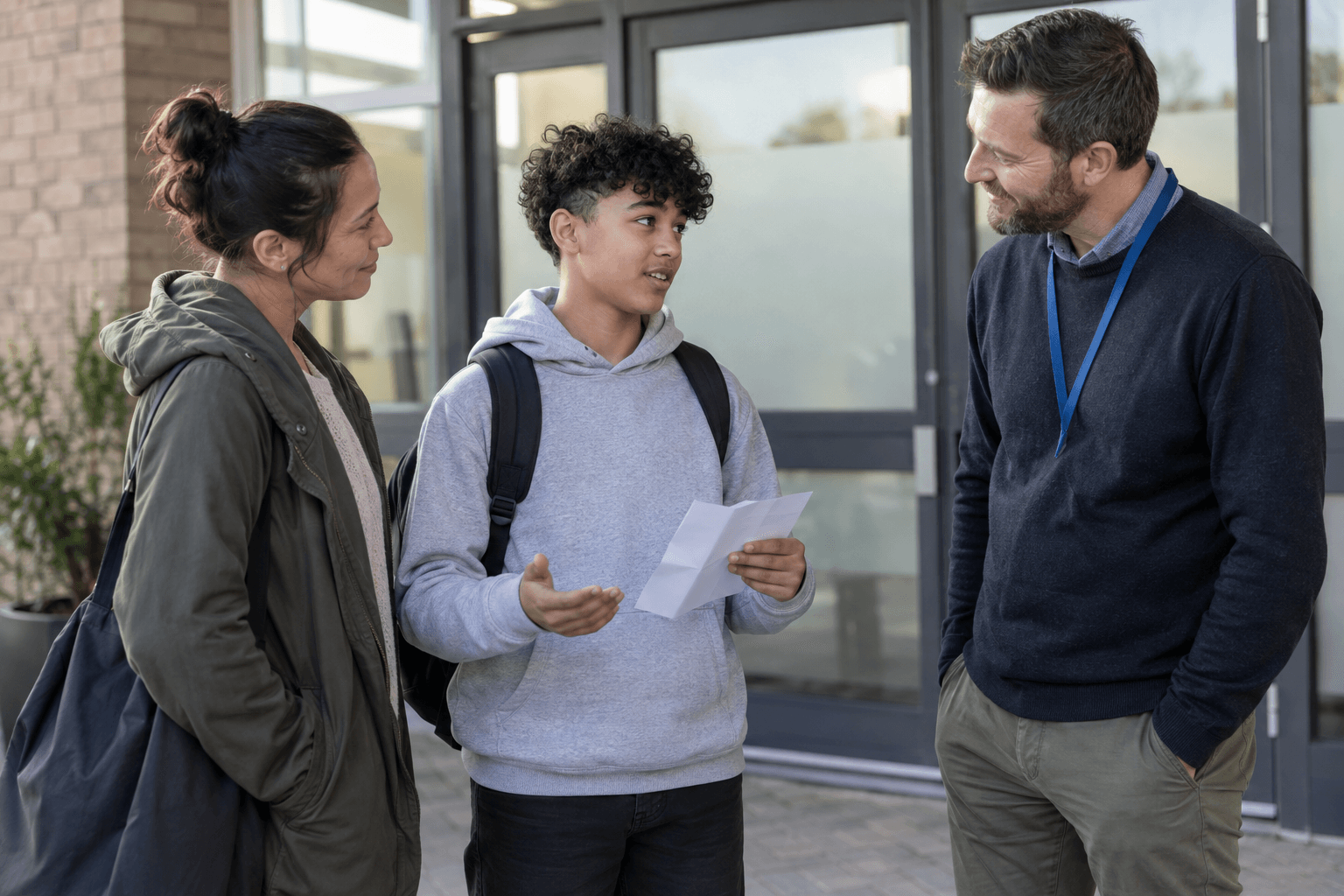 A teenager leads a calm school-morning handover with a parent and staff member listening nearby