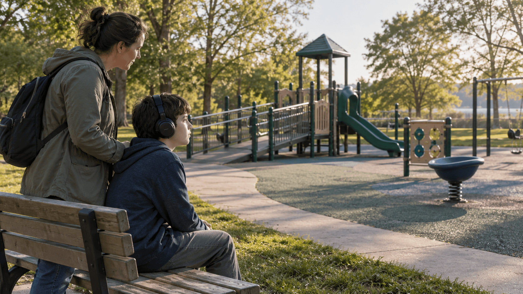 A young person and parent sit beside a quiet playground, looking towards the equipment together