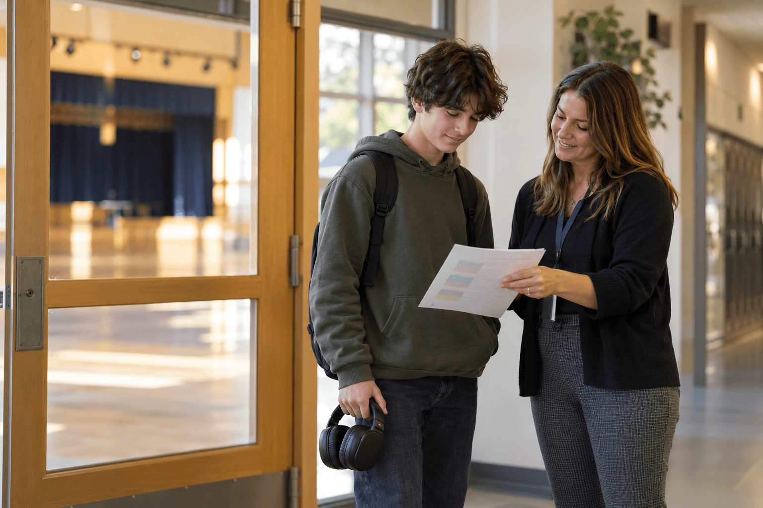 A student holding headphones looks at a plan with a trusted school adult near an assembly hall