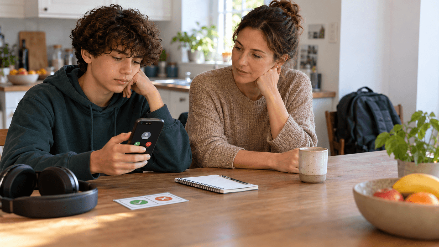 A teenager looks at a phone with a parent nearby at a kitchen table, with headphones and choice cards in view