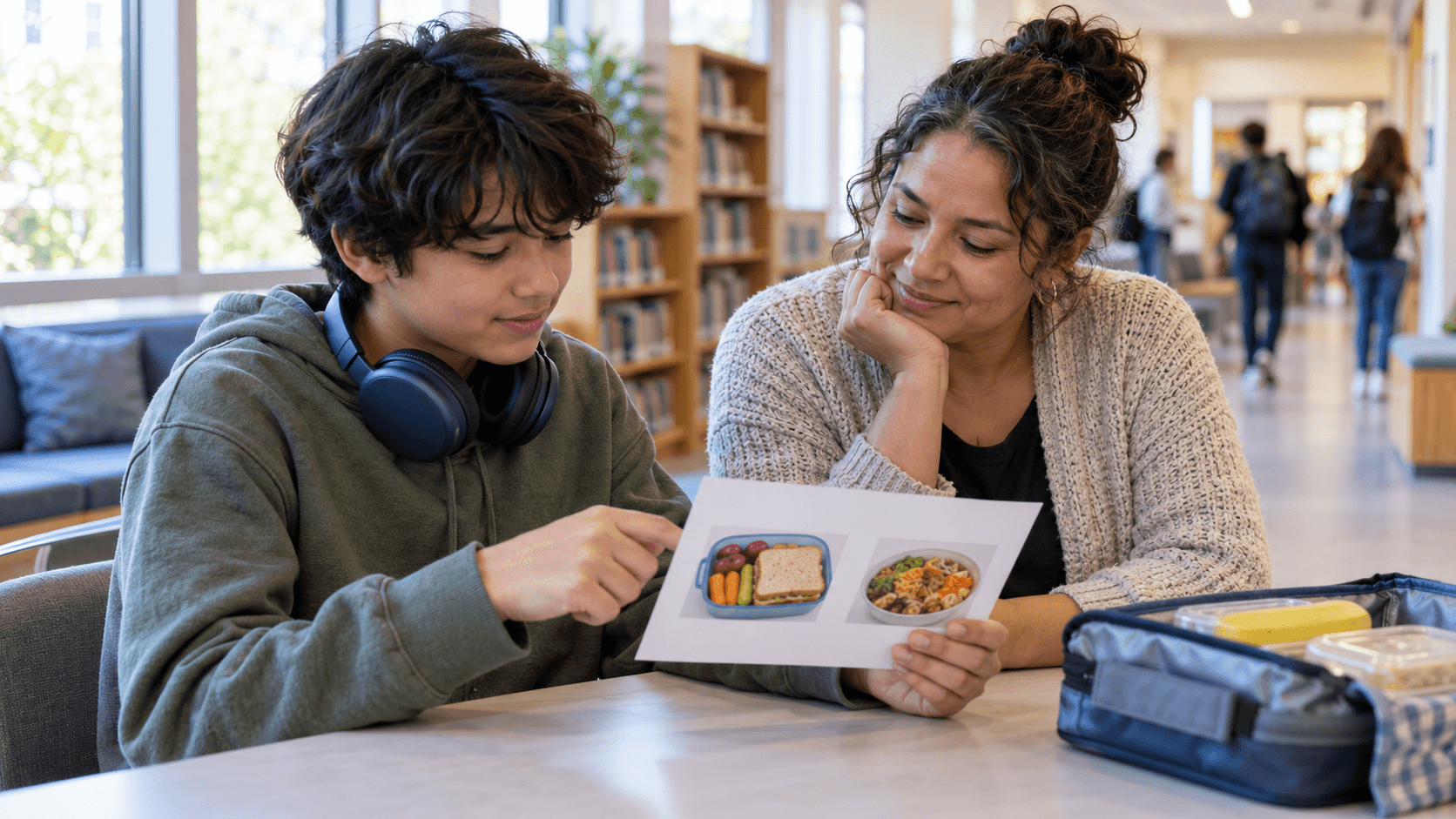 A young person and a trusted adult look at lunch options together in a quiet school space