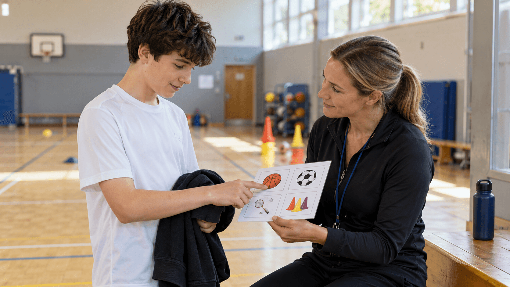 A student and a trusted PE teacher look at activity options in a quiet school sports hall