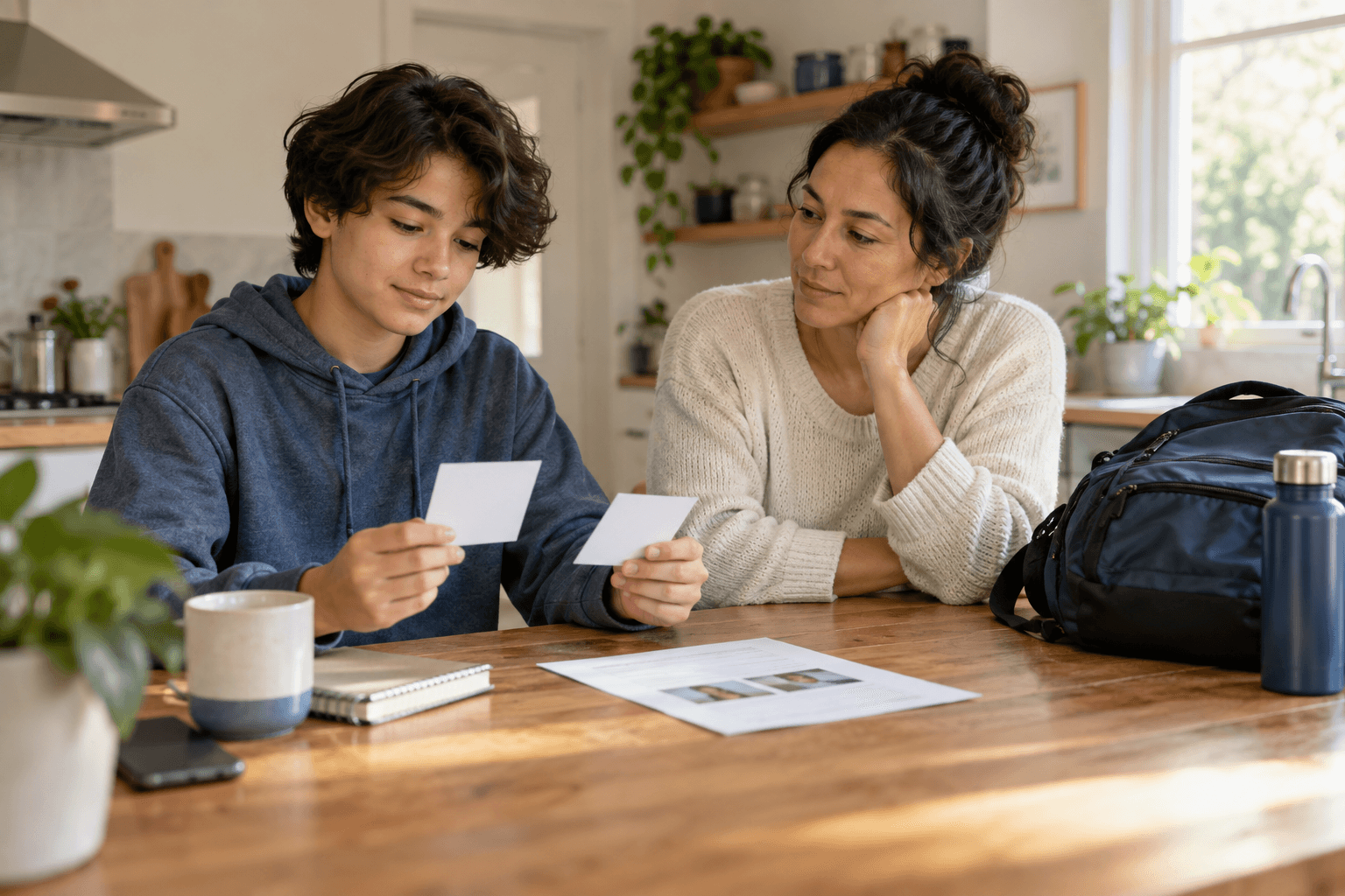 A teenager chooses between two blank cards at a kitchen table while a parent listens beside a school bag