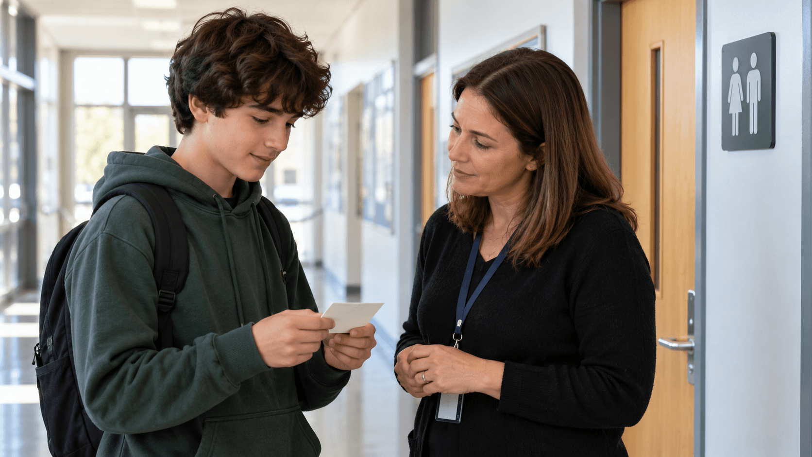 A teenager shows a small card to a trusted school staff member in a calm corridor beside a restroom sign