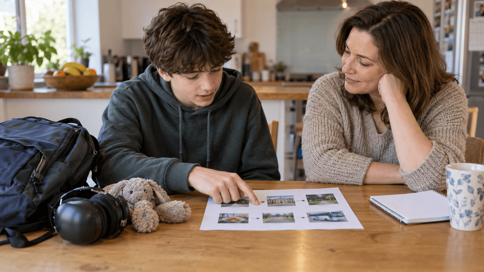 A teenager looks at a school trip plan with a parent at a kitchen table, with a backpack and headphones nearby