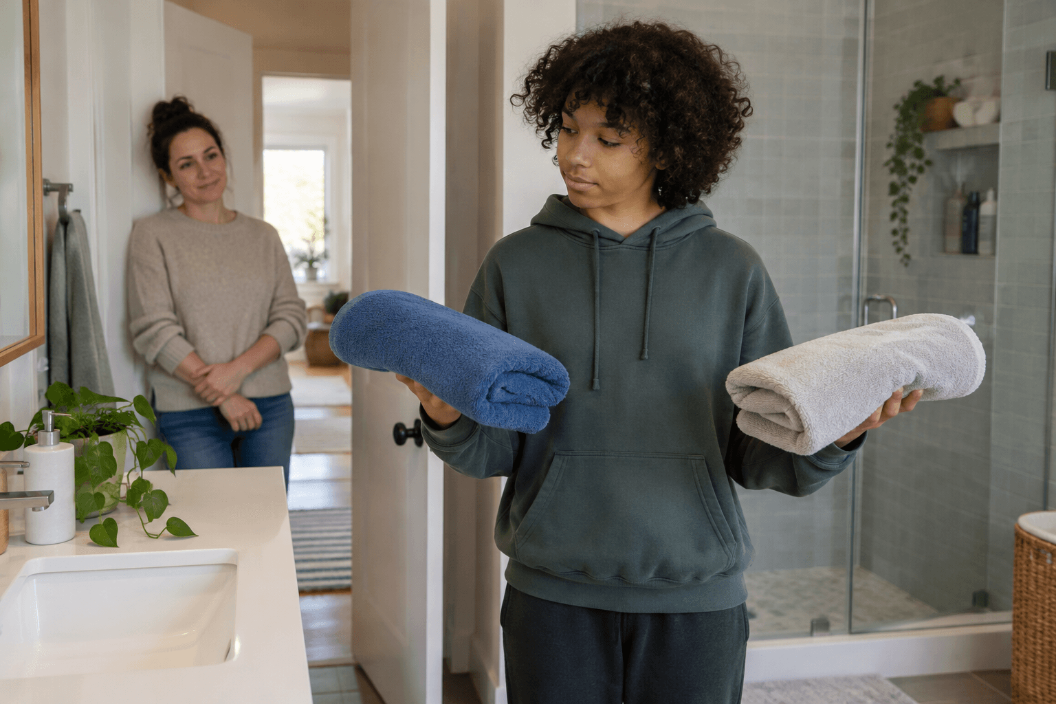 A teenager chooses between two towels in a calm bathroom while a parent waits supportively at the doorway