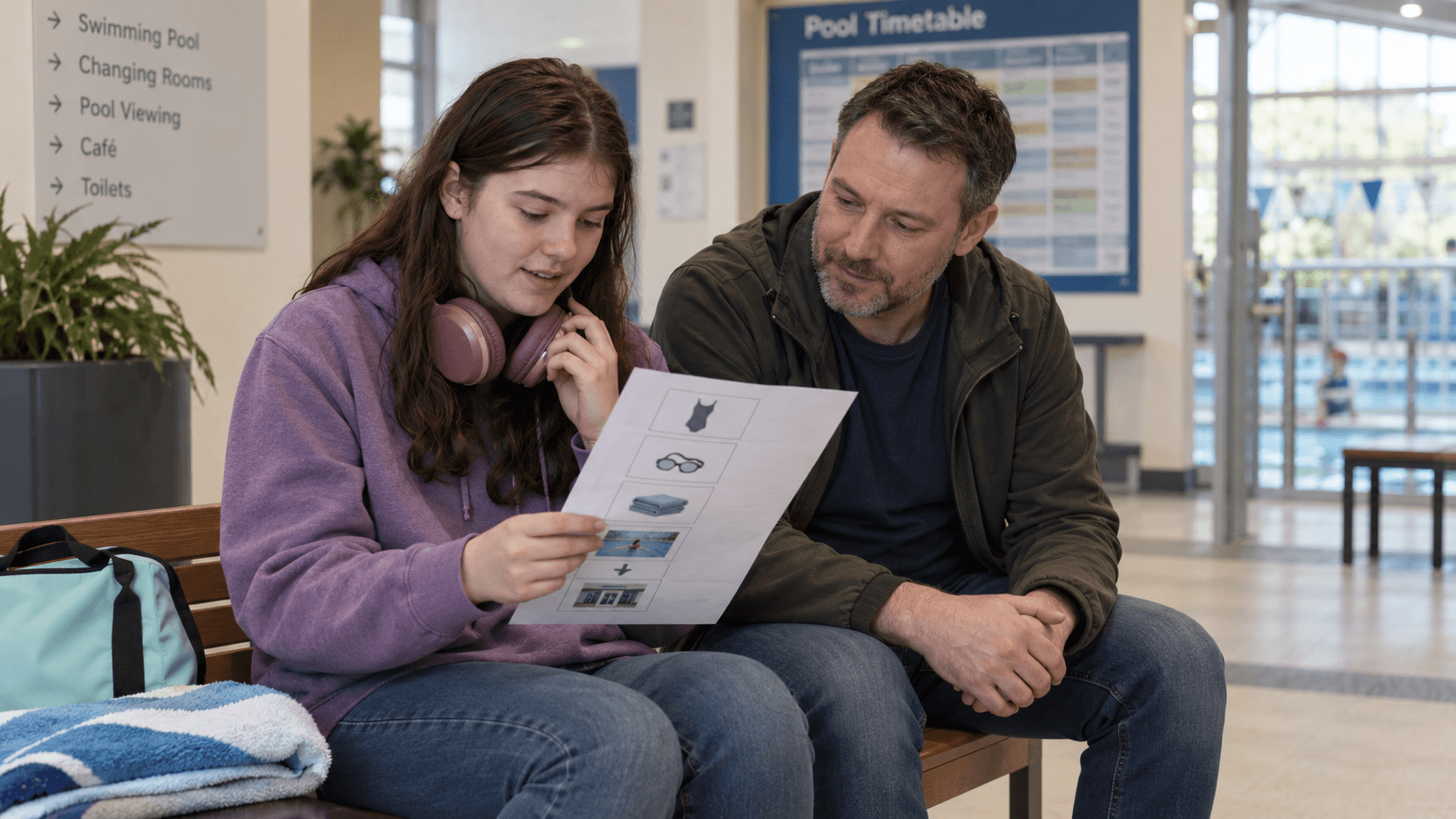 A teenager looks at a simple pool-visit plan with her father in a quiet leisure-centre reception, with headphones and a swim bag nearby