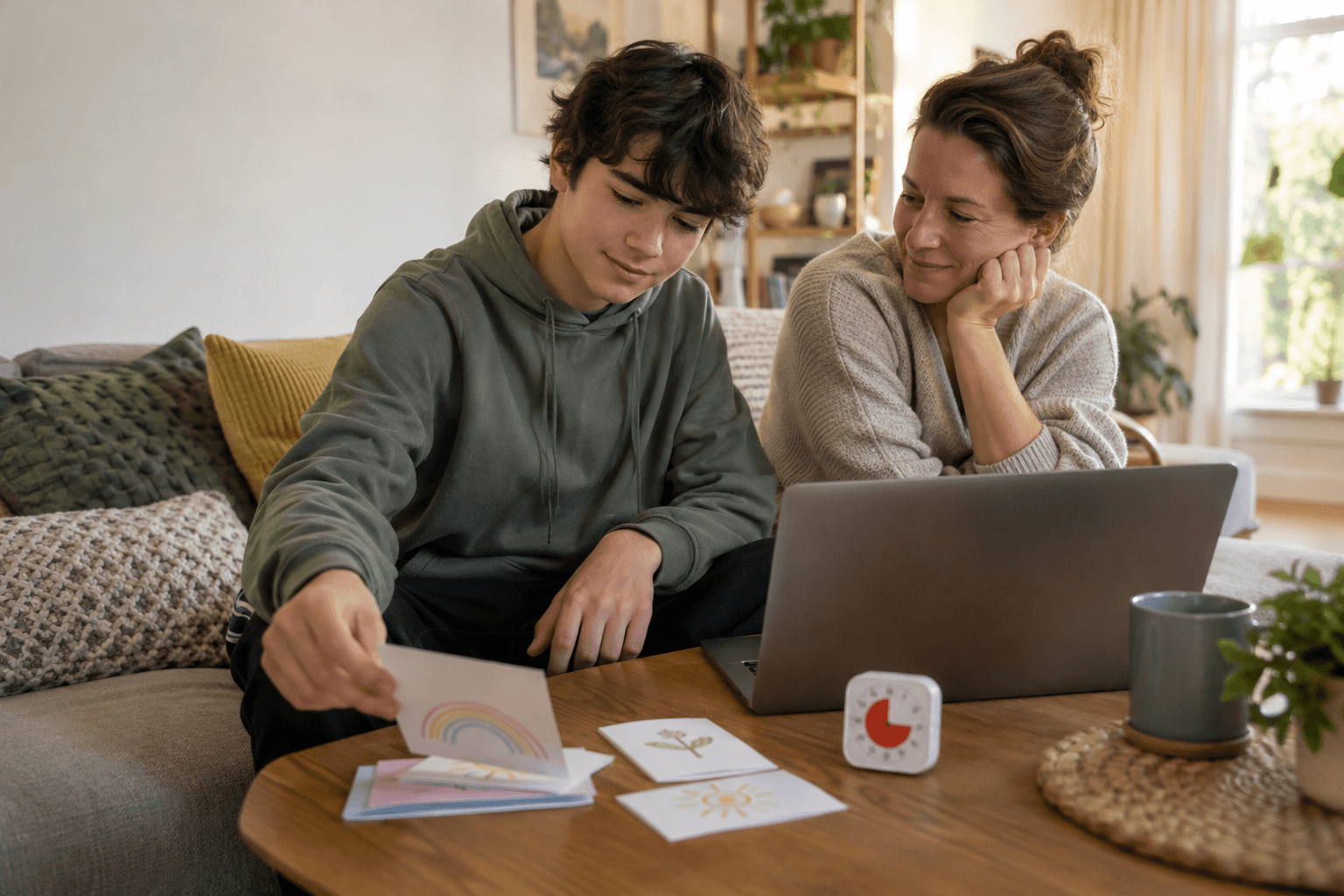 A teenager chooses a card beside an open laptop while a parent listens nearby at home