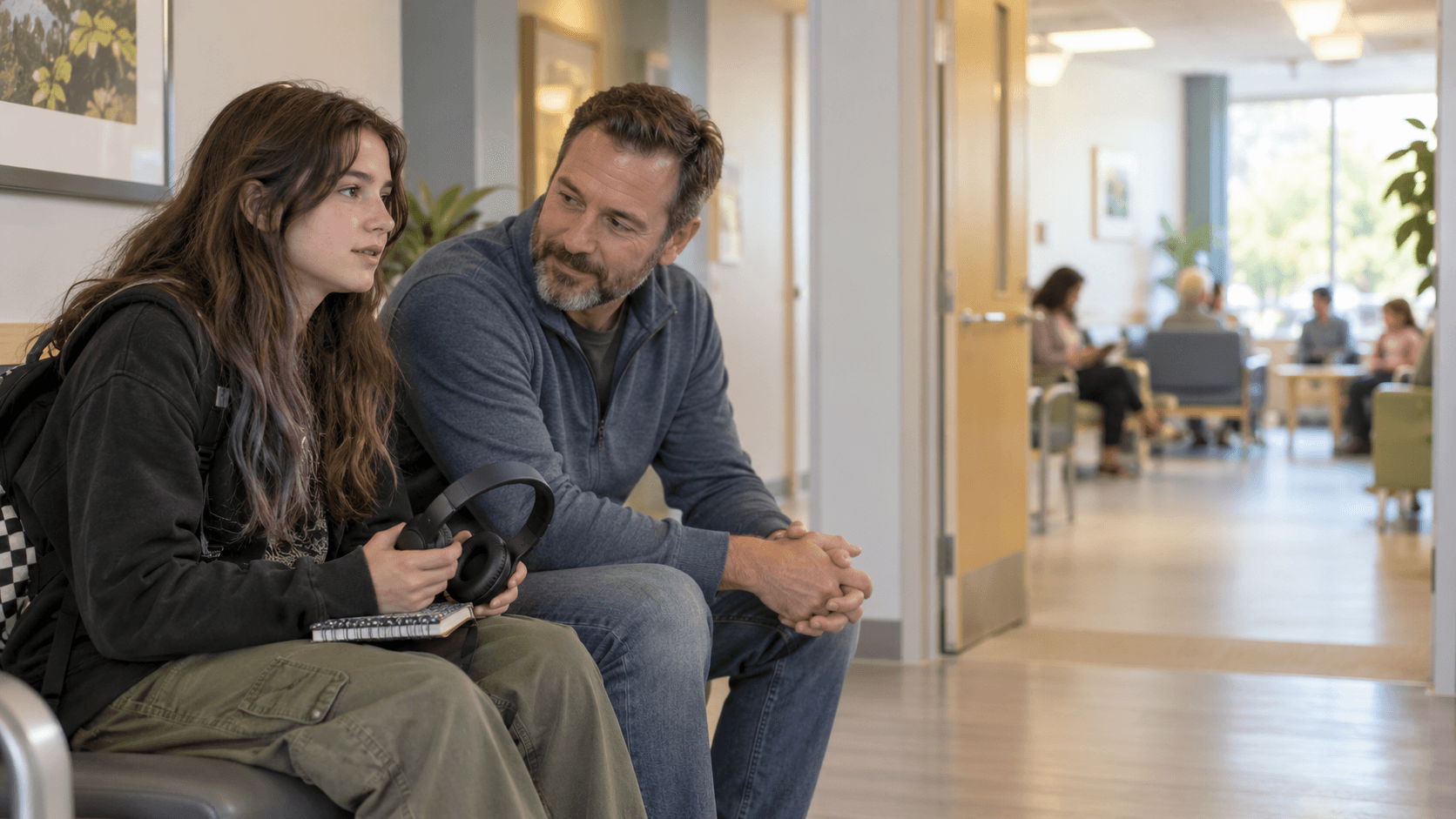 A teenager holds headphones in a quiet clinic corridor while her father listens nearby