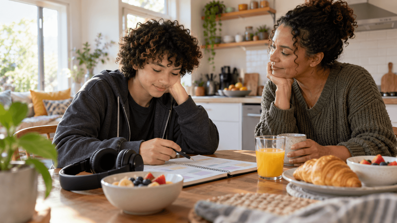 A parent and teenager share a calm weekend breakfast while looking at a simple plan together