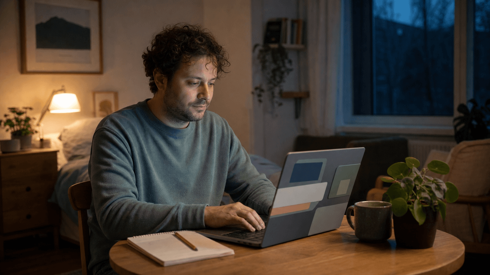 An adult uses a laptop quietly at home in the evening, with a notebook nearby