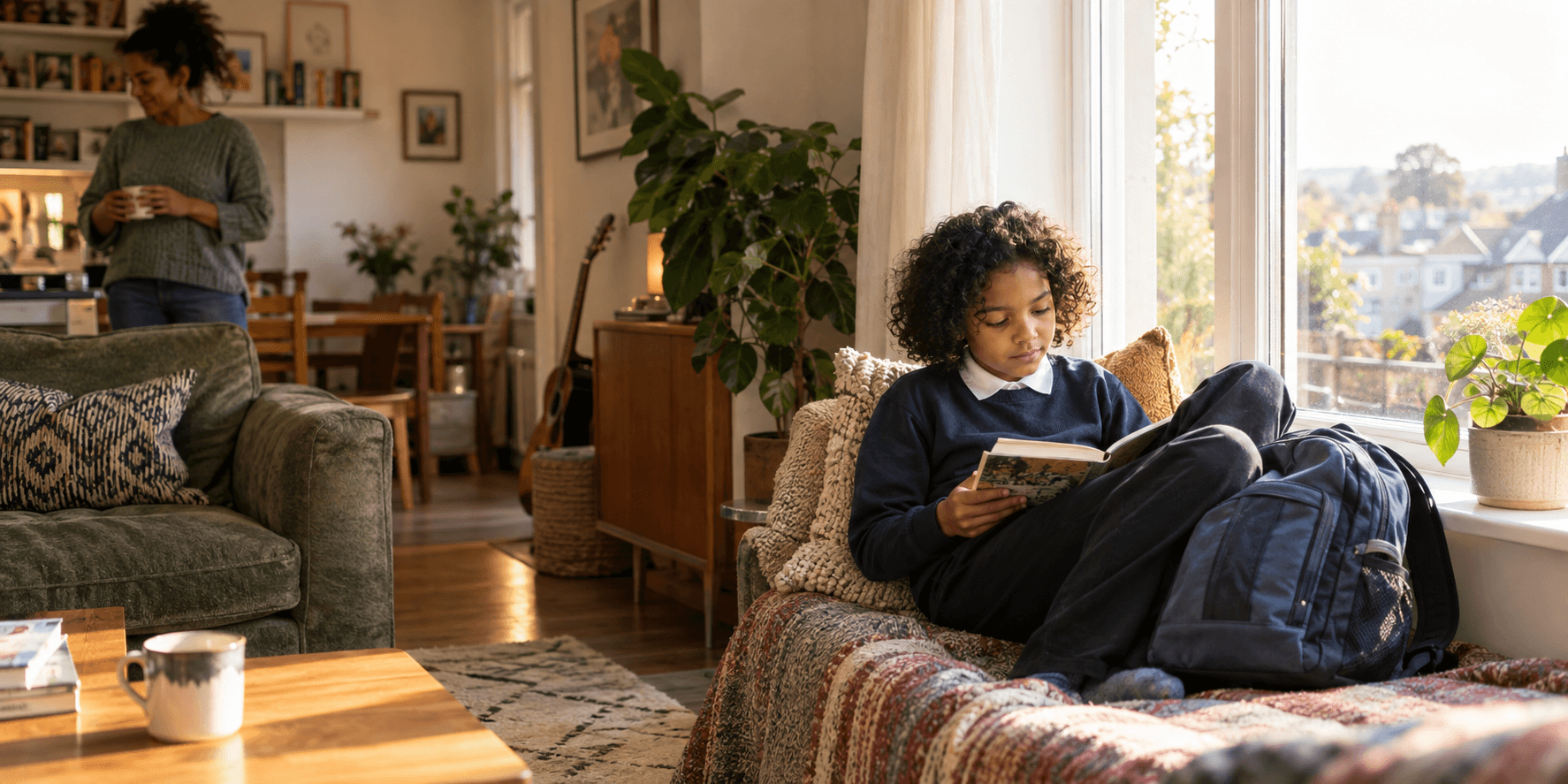 A school-age child reads quietly by a living-room window after school while a parent gives them space nearby