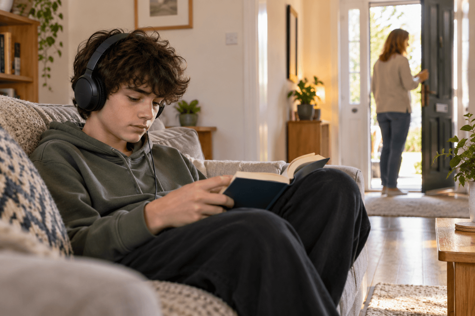 A teenager wearing headphones reads on a sofa while an adult answers the front door in the background