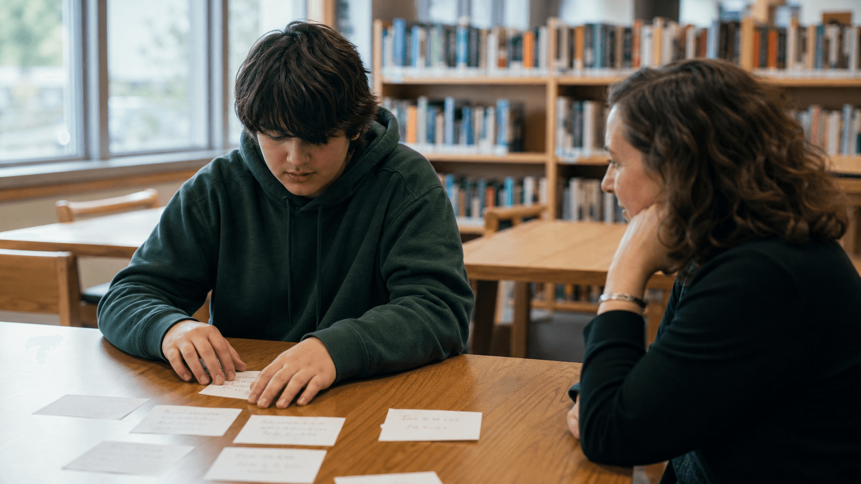 An autistic teenager chooses note cards about their own goals while a trusted adult listens nearby in a library