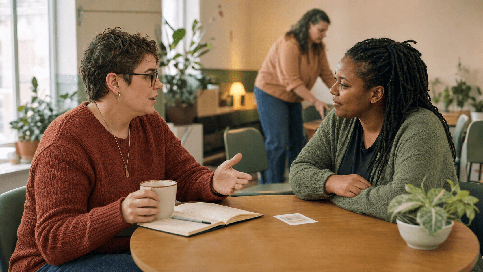 An autistic parent and a support worker talk together at a community table