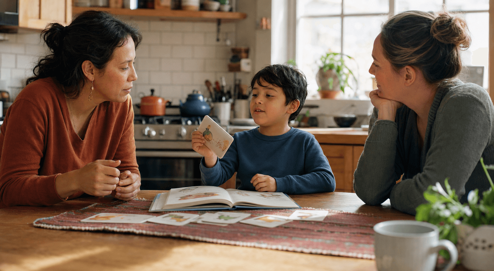 A young autistic child shares picture cards with two attentive adults at a kitchen table