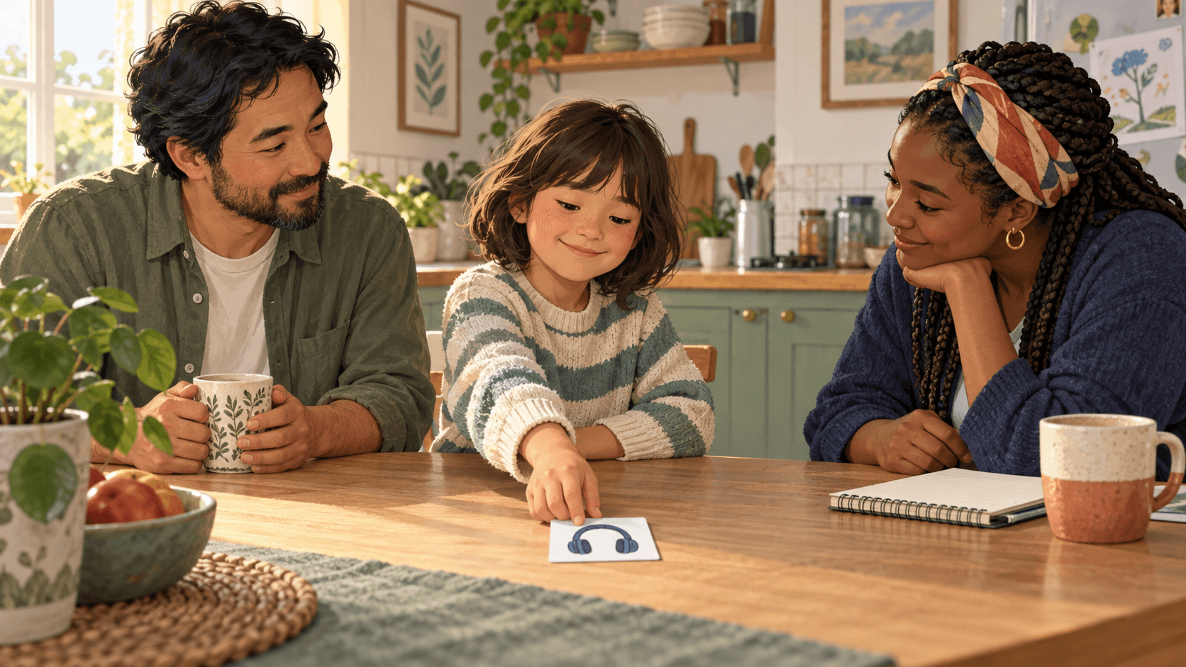 An autistic child places a preference card on a kitchen table while a parent and new support worker listen