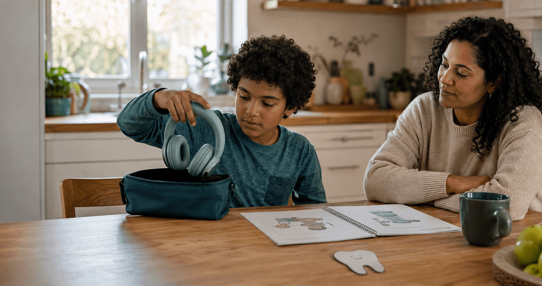 A child chooses headphones for a dental visit while a parent listens at a kitchen table