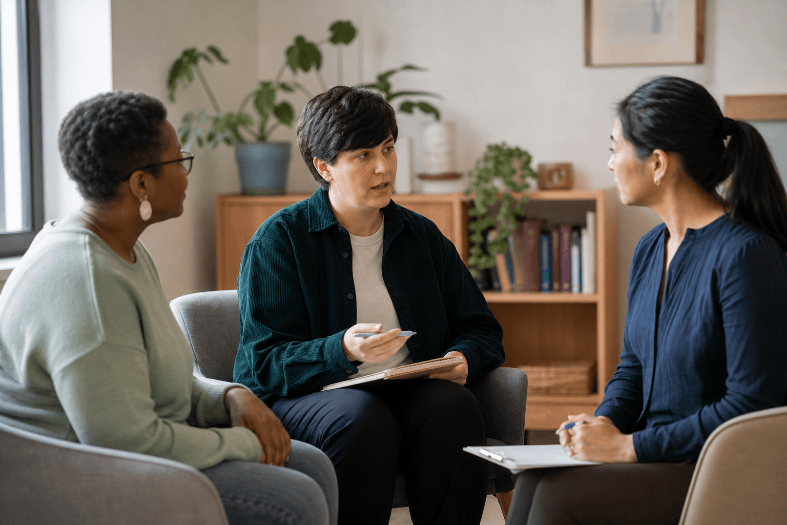 An autistic adult leads a calm conversation with a clinician and a trusted supporter