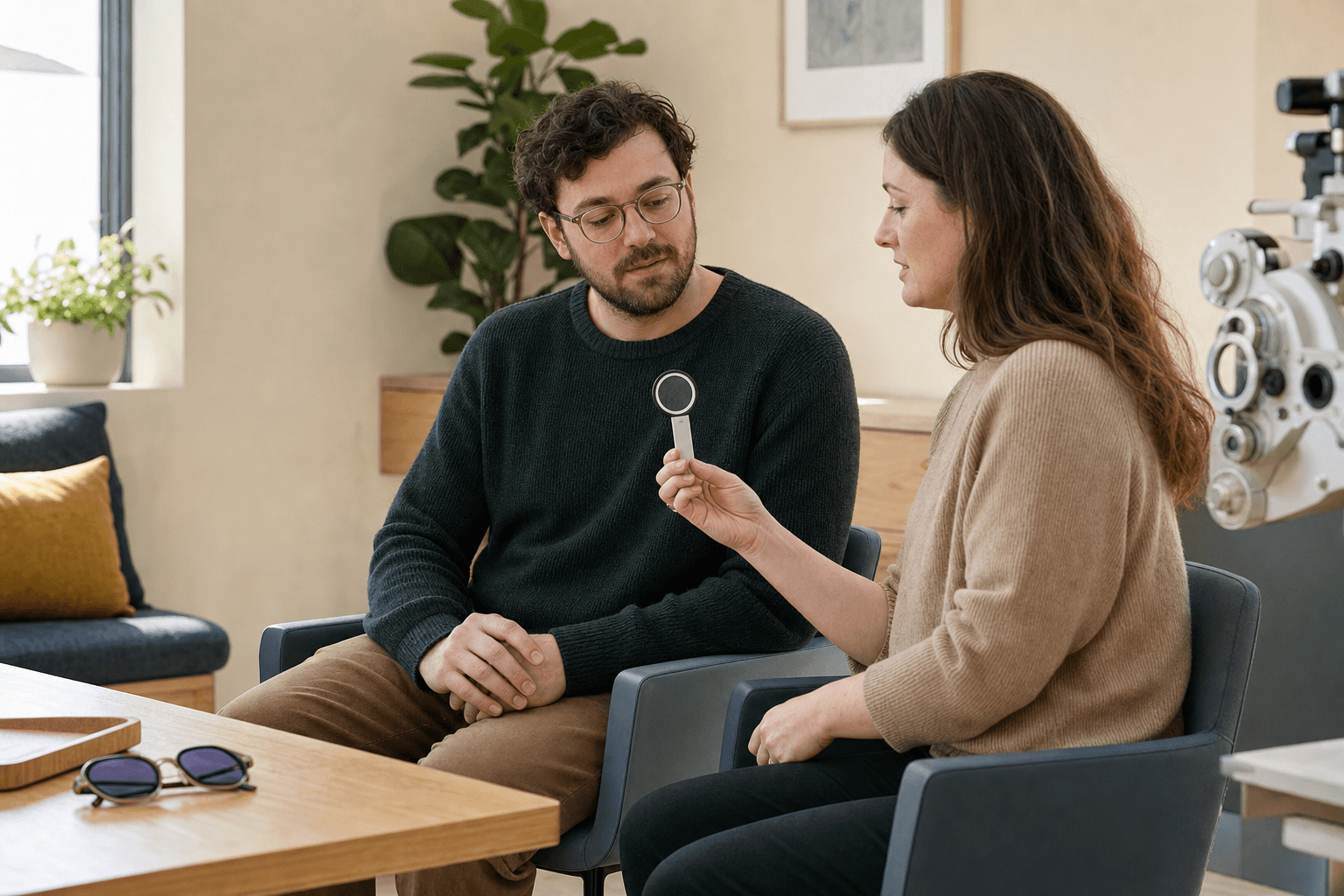 An optometrist calmly explains a handheld eye-testing lens to an autistic adult